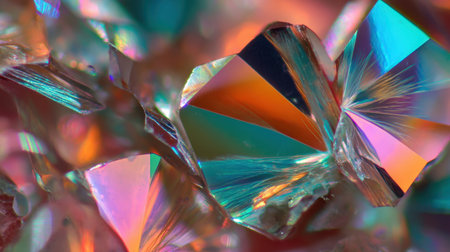 Close-up view of colorful iridescent crystals reflecting light in various hues. Ideal for artistic projects, backgrounds, or nature studies.の素材