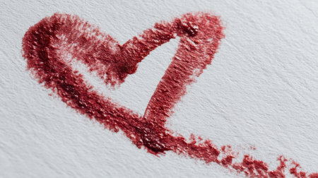 A close-up view of a heart shape drawn in rich red on textured white paper, showcasing a blend of emotion and artistic expression. Perfect for love-themed projects.の素材