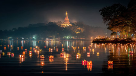 A breathtaking nighttime view featuring floating lanterns on calm water, showcasing a beautifully lit pagoda amid a tranquil landscape.の素材