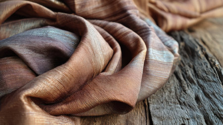 This image captures a close-up view of luxurious brown fabric elegantly draped over a wooden surface, showcasing its soft textures and subtle patterning.の素材