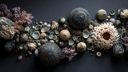 A stunning array of unique sea shells, coral pieces, and marine textures arranged on a dark background, perfect for coastal decor and art.の素材
