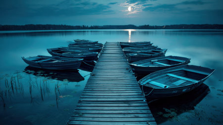 A tranquil night view of a wooden dock filled with boats on a calm lake, featuring a bright moon reflecting on the still water, surrounded by nature.の素材