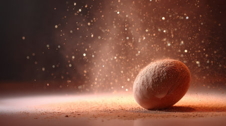An artistic portrayal of a solitary egg enveloped in fine dust particles, illuminated by soft lighting, evoking a sense of fragility and potential.の素材