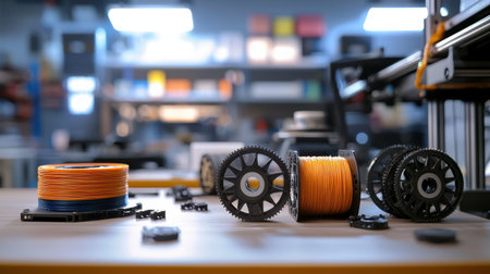 An arrangement of filament spools and 3D printer components on a workshop table, showcasing creative technology and tools for modern manufacturing projects.の素材