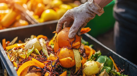 A close-up of a hand collecting fresh organic food waste, showcasing composting practices. This image captures the essence of sustainable gardening and eco-friendly solutions.の素材