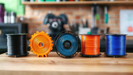 Five vibrant filament spools in a workshop setting showcase the variety of materials used for 3D printing. Ideal for creative projects and technological demonstrations.の素材