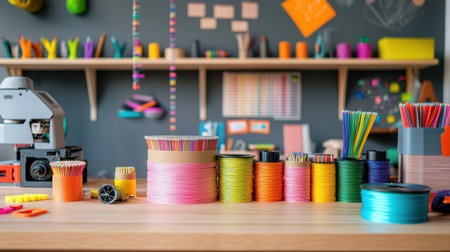 Bright and vibrant craft supplies neatly arranged on a wooden table in a creative workspace. Ideal for DIY projects, artistic inspiration, and organization.の素材