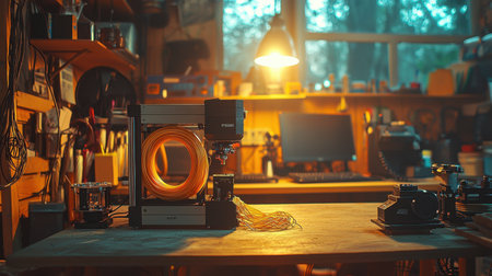 A modern 3D printer is positioned in a cozy workshop, surrounded by tools and materials. The warm light enhances the inviting atmosphere, showcasing creativity and innovation.の素材