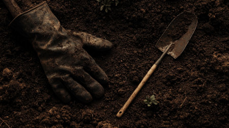 Close-up view of a gardening glove resting in rich, dark soil beside a small shovel. Perfect for showcasing gardening tools and outdoor activities in a natural setting.の素材
