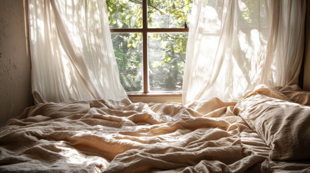 A serene bedroom scene featuring a sunlit window with flowing curtains and soft bedding, creating a cozy atmosphere perfect for relaxation and tranquility.の素材