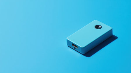A small blue device rests on a vibrant blue surface, showcasing modern technology with a minimalist design. Ideal for creative projects or advertisements.の素材