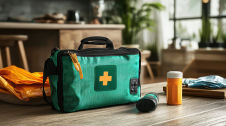 A vibrant first aid kit sits on a wooden table, surrounded by medication bottles and other supplies. Ideal for health and safety concepts in home or outdoor settings.の素材