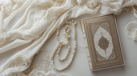 A beautifully arranged scene featuring an elegant religious book alongside a luxurious scarf and prayer beads. The soft colors and textures evoke peace and spirituality.の素材