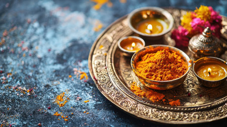 A beautifully arranged decorative tray features vibrant turmeric, glowing oil lamps, and colorful flowers, perfect for festive celebrations or spiritual rituals.の素材