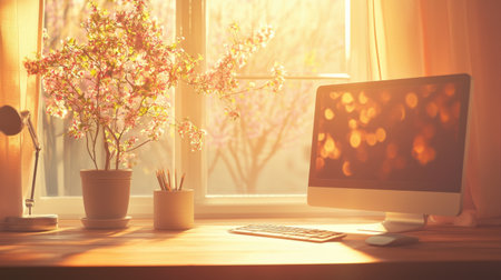 A serene workspace scene featuring a computer, blooming flowers, and warm sunlight streaming through a window, creating an inviting and tranquil atmosphere perfect for creativity.の素材