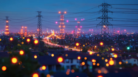 A stunning urban landscape captures a city at night, featuring power lines and vibrant lights. The blurred foreground adds depth to the scene while showcasing city life.の素材