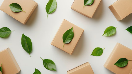 Delicate arrangement of brown gift boxes with green leaves showcases an eco-friendly packaging concept, perfect for seasonal gifts or natural-themed events.の素材