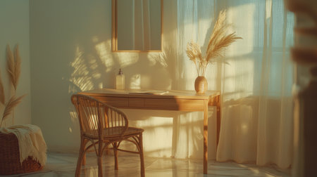 A beautifully lit workspace showcasing a wooden desk, a rattan chair, and decorative plants, creating a cozy and serene atmosphere with soft shadows and warm sunlight.の素材