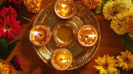 An artistic arrangement of decorative oil lamps surrounded by colorful flowers, creating a serene and festive atmosphere for celebration and rituals.の素材