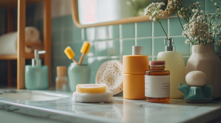A serene bathroom counter showcasing skincare products, natural decor, and fresh flowers. Ideal for self-care and wellness themes in modern interiors.の素材