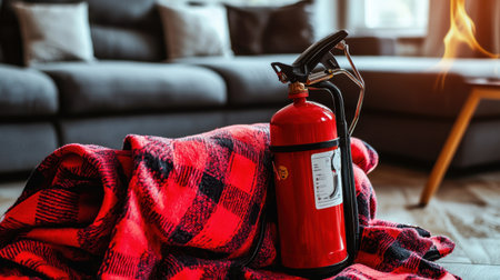 A vibrant fire extinguisher rests on a cozy blanket in a modern living room, emphasizing the importance of fire safety combined with comfort in home design.の素材