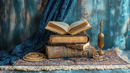 A beautiful arrangement of vintage books on a textured blue background, featuring ornate elements and a cozy atmosphere, perfect for literature lovers.の素材