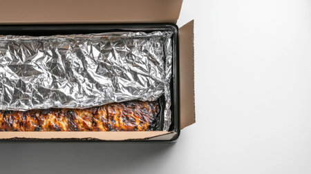 Mouthwatering barbecue ribs wrapped in foil, showcasing a perfect smoky glaze. Ideal for meal presentations, takeout options, or festive gatherings.の素材