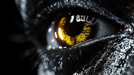 This stunning macro photograph captures the vibrant orange iris of a human eye, combined with a striking metallic skin texture, creating an otherworldly visual effect.の素材