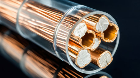 A close-up view of copper wire strands neatly arranged within a transparent tube, showcasing the shine and detail of conductive materials ideal for various electrical applications.の素材