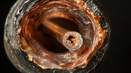 This image showcases a detailed close-up of damaged copper wire inside a black insulated cable, highlighting the corrosion and wear. The intricate texture and patterns on the wire demonstrate the effects of age and environmental exposure in an industrial context.の素材