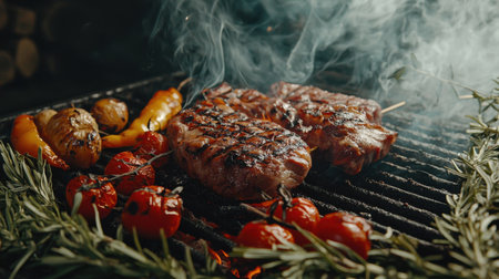Enjoy the vibrant scene of grilling meat on a BBQ, featuring fresh vegetables and herbs. Perfect for outdoor cooking lovers seeking flavor.の素材