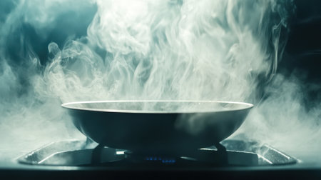 A captivating scene of steam rising from a pan on the stovetop showcases the art of cooking. The misty atmosphere and dramatic lighting create an inviting ambiance, perfect for culinary enthusiasts.の素材
