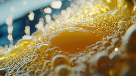 This close-up image captures the lively bubbles and foam of a yellow liquid, creating an engaging visual of freshness and energy.の素材
