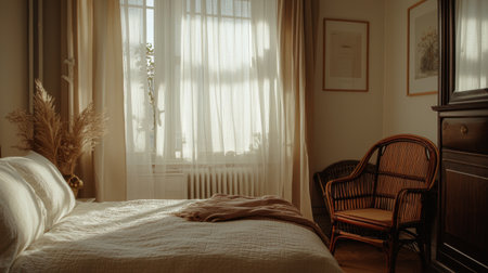 A bright and inviting bedroom featuring soft natural light, a cozy bed, and a wicker chair. The warm tones and minimal decor create a serene atmosphere for relaxation.の素材