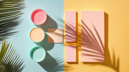 A vibrant abstract scene featuring pastel shapes and palm shadows on a contrasting background, perfect for creative projects and modern designs.の素材