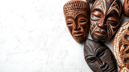 This image showcases an exquisite collection of handcrafted African wooden masks. Each piece reflects unique artistry and cultural significance, perfect for decoration.の素材