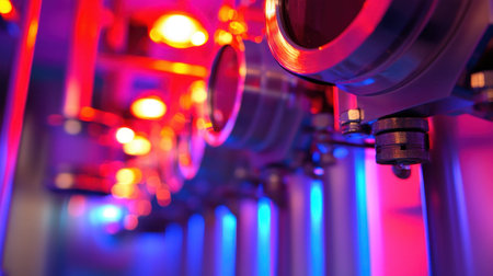 Vibrant close-up of industrial machinery showcasing colorful lights and metal components. This image captures the essence of modern technology in a factory setting.の素材