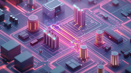 This vibrant digital artwork showcases a futuristic cityscape themed around technology, featuring neon lights and intricate circuit designs that emphasize innovation and connectivity.の素材