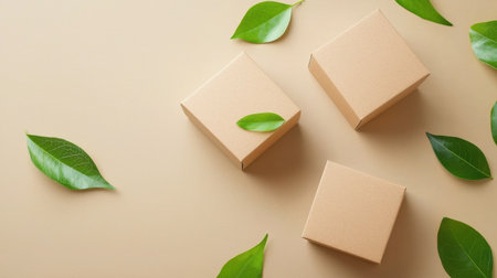 This image features a minimalistic design of neutral boxes adorned with green leaves. Perfect for eco-friendly and product-related themes in visual content.の素材