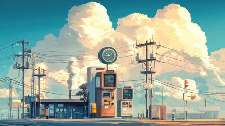 A nostalgic retro gas station set against a backdrop of fluffy clouds and towering power lines, perfect for capturing the essence of summer travels and solitude.の素材