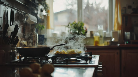 A warm and inviting kitchen scene captures the essence of cooking with a steaming pan and vibrant ingredients. Bright natural light enhances the homey atmosphere, creating a perfect backdrop for culinary activities.の素材