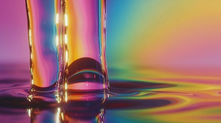 An abstract representation of light and color reflecting on a water surface. The vibrant hues create a serene and captivating atmosphere, ideal for artistic projects.の素材