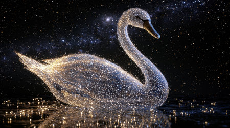A stunning ethereal swan illuminated by shimmering particles floats gracefully on a calm water surface under a star-filled cosmic sky.の素材