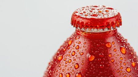 This detailed close-up image features a red bottle cap adorned with glistening water droplets, symbolizing freshness and hydration.の素材