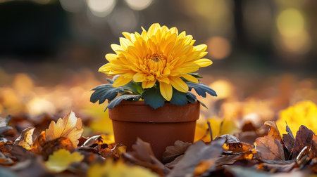 A vibrant yellow flower blooms in a terracotta pot, surrounded by colorful autumn leaves, showcasing the beauty of nature in a warm setting.の素材