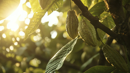 Captivating view of raw cocoa pods on branches, basking in soft sunlight, offering a glimpse into the beauty of nature and sustainable farming.の素材