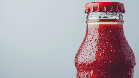 Glimmering droplets adorn the surface of a glass bottle filled with a vibrant red drink, creating a striking visual perfect for showcasing refreshment and allure.の素材