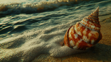 A vibrant spiral shell rests on the sandy beach, gently washed by a soft wave. The warm colors and foamy water create a tranquil coastal scene perfect for relaxation.の素材
