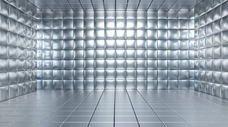 This image showcases a contemporary metallic room featuring shiny walls and floors, ideal for creative projects or abstract design needs.の素材