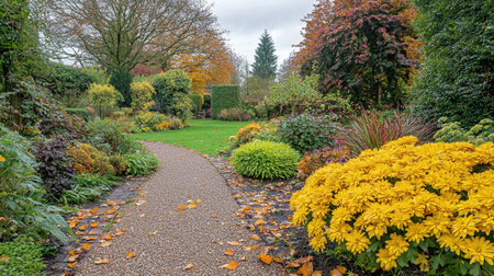 Serene garden pathway adorned with vibrant yellow flowers and lush greenery creates a perfect autumn atmosphere for peaceful walks.の素材